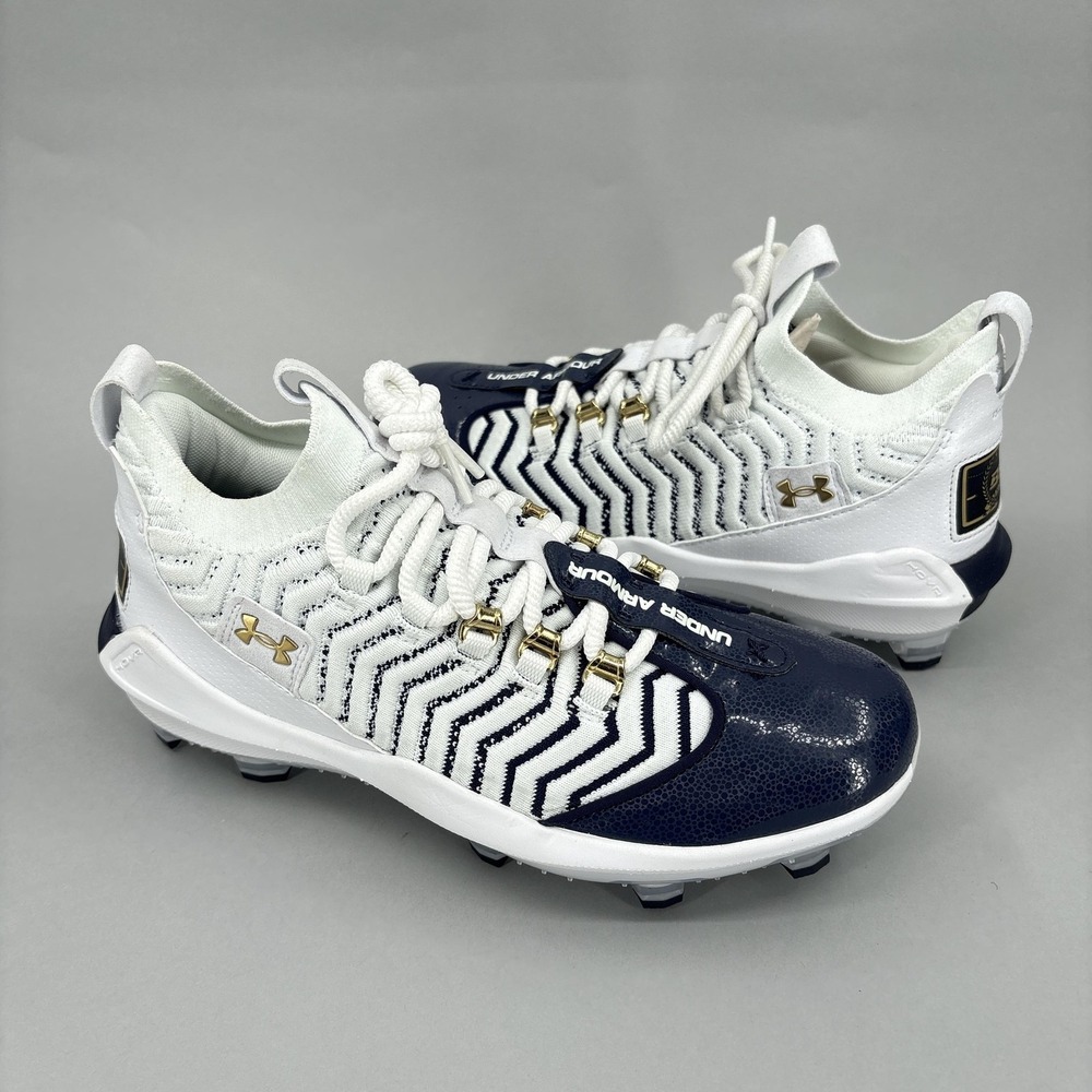 Under Armour Harper HOVR Baseball Cleats Shoes Mens Size 9 White Navy Gold